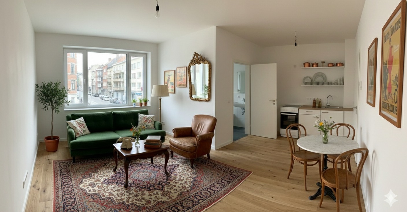 Studio de 30m² entièrement décoré avec un salon chaleureux comprenant un canapé vert, un fauteuil en cuir, une table basse, un tapis oriental, un coin repas vintage et une kitchenette aménagée.