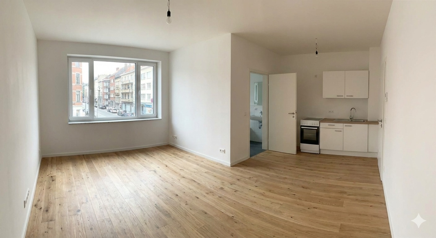 Studio de 30m² vide avant rénovation, montrant un espace ouvert avec parquet clair, murs blancs, grande fenêtre et kitchenette simple
