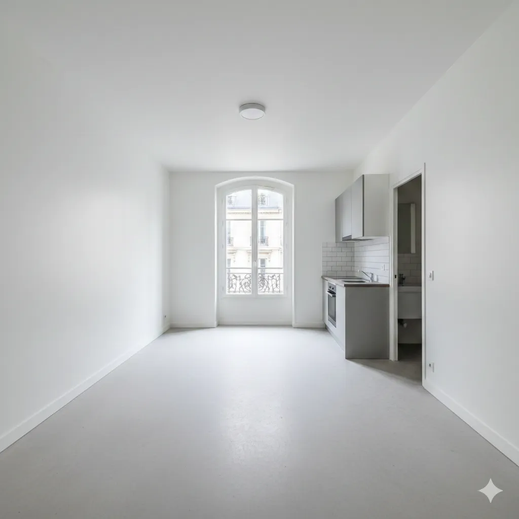 Vue d'un studio de 25m2 à Paris, vide et fraîchement rénové. Murs blancs impeccables, sol clair, petite cuisine moderne grise et une grande fenêtre parisienne classique en fond.