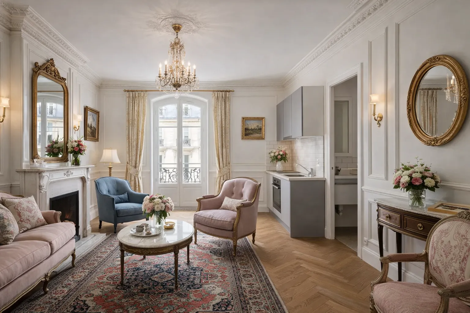 studio parisien décoré dans un style classique français avec une touche moderne