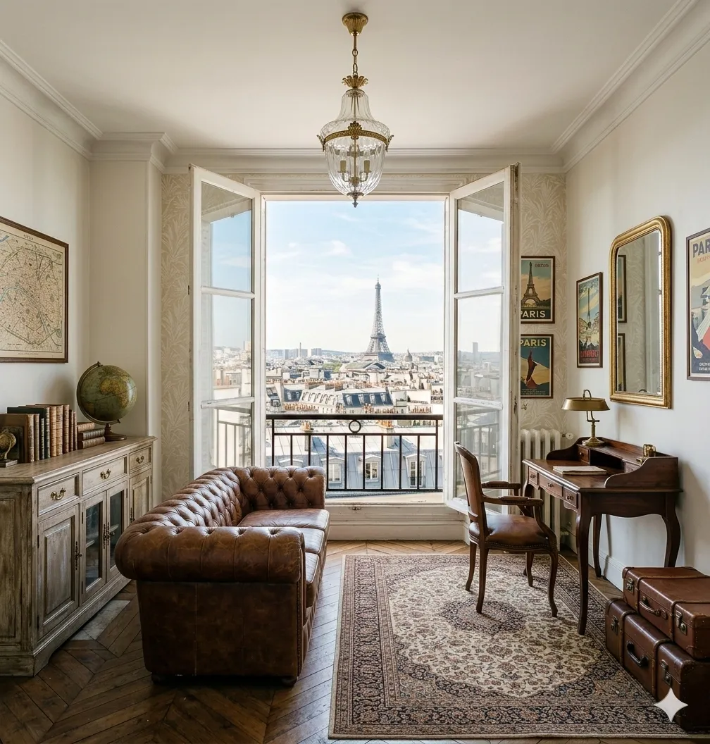 Salon parisien décoré dans un style vintage avec canapé Chesterfield en cuir, bureau en bois massif, tapis persan et vue sur la Tour Eiffel