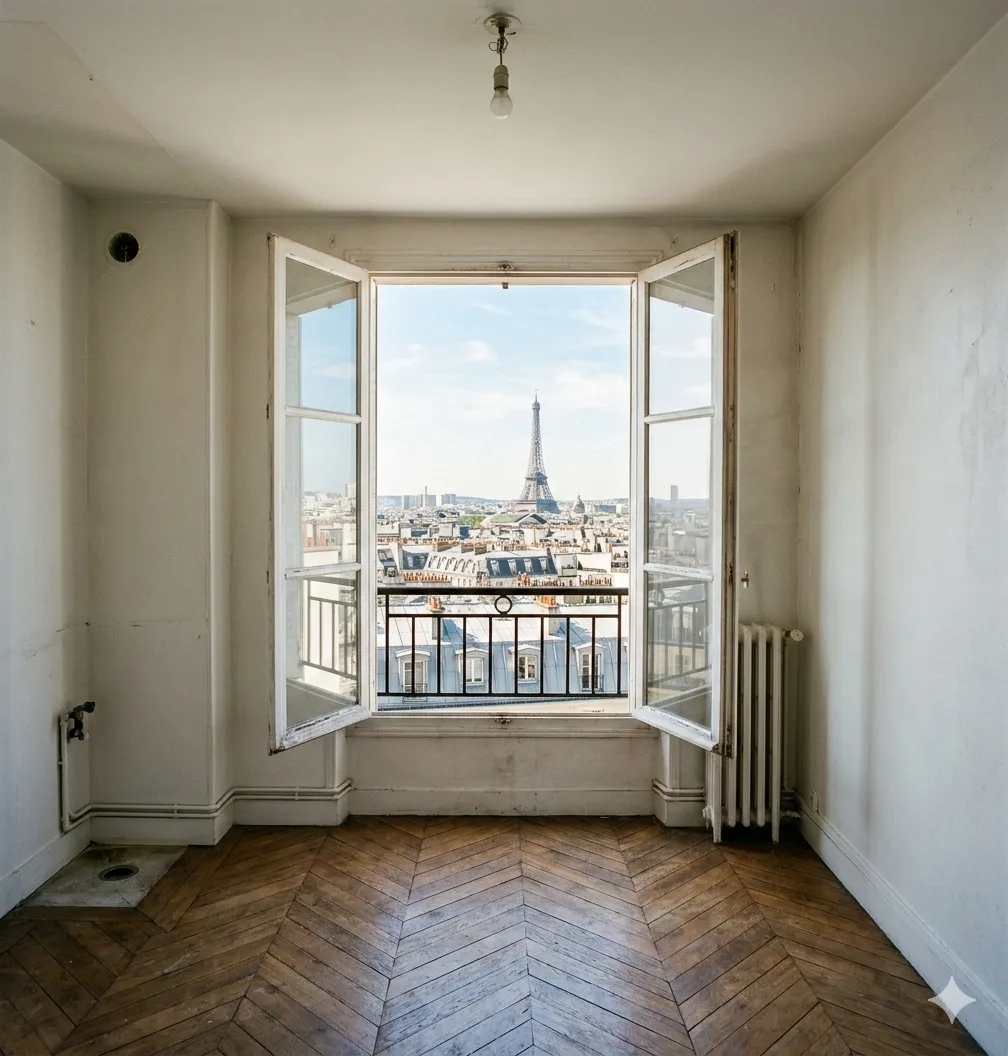 Vue intérieure d'un studio haussmannien vide avec parquet en chevrons, fenêtre ouverte révélant la Tour Eiffel à Paris
