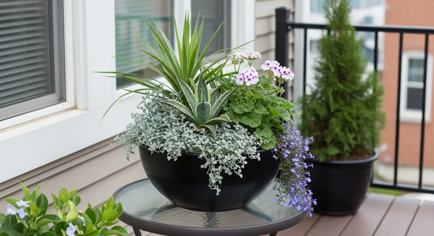 Composition de plantes en pot sur une petite table de terrasse