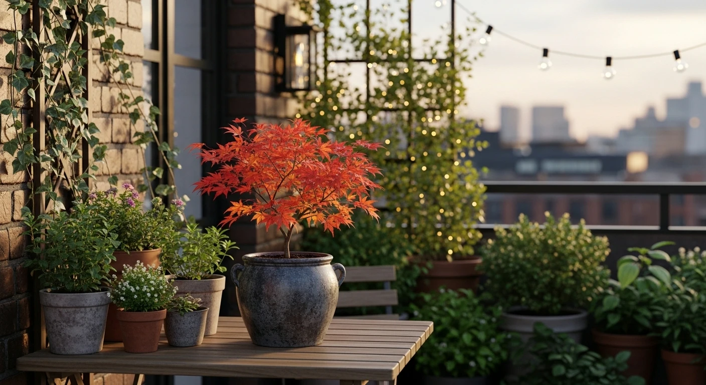 Petit érable du Japon en pot sur une terrasse urbaine