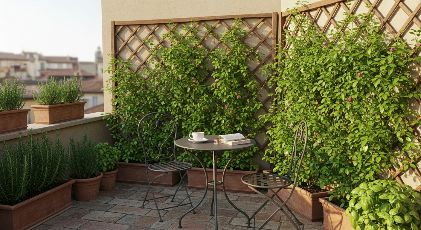 Plante grimpante sur treillis sur une petite terrasse