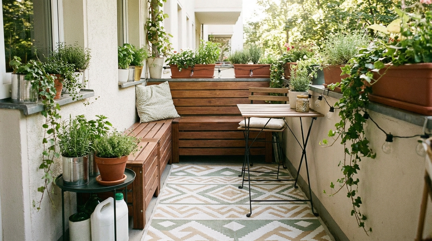 Aménagement balcon étroit avec banc coffre en bois et tapis extérieur graphique
