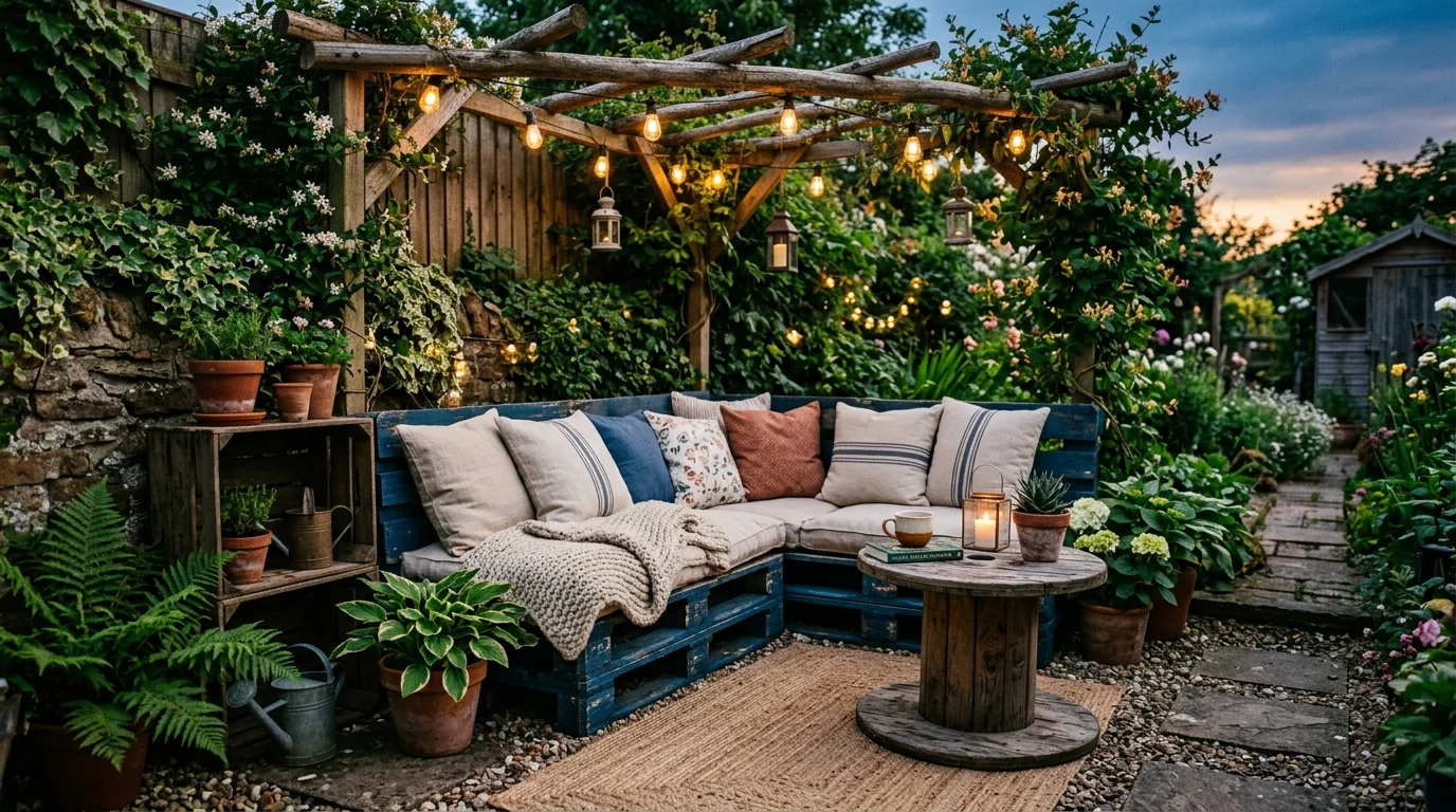 Coin détente dans un petit jardin avec mobilier de récupération et éclairage doux