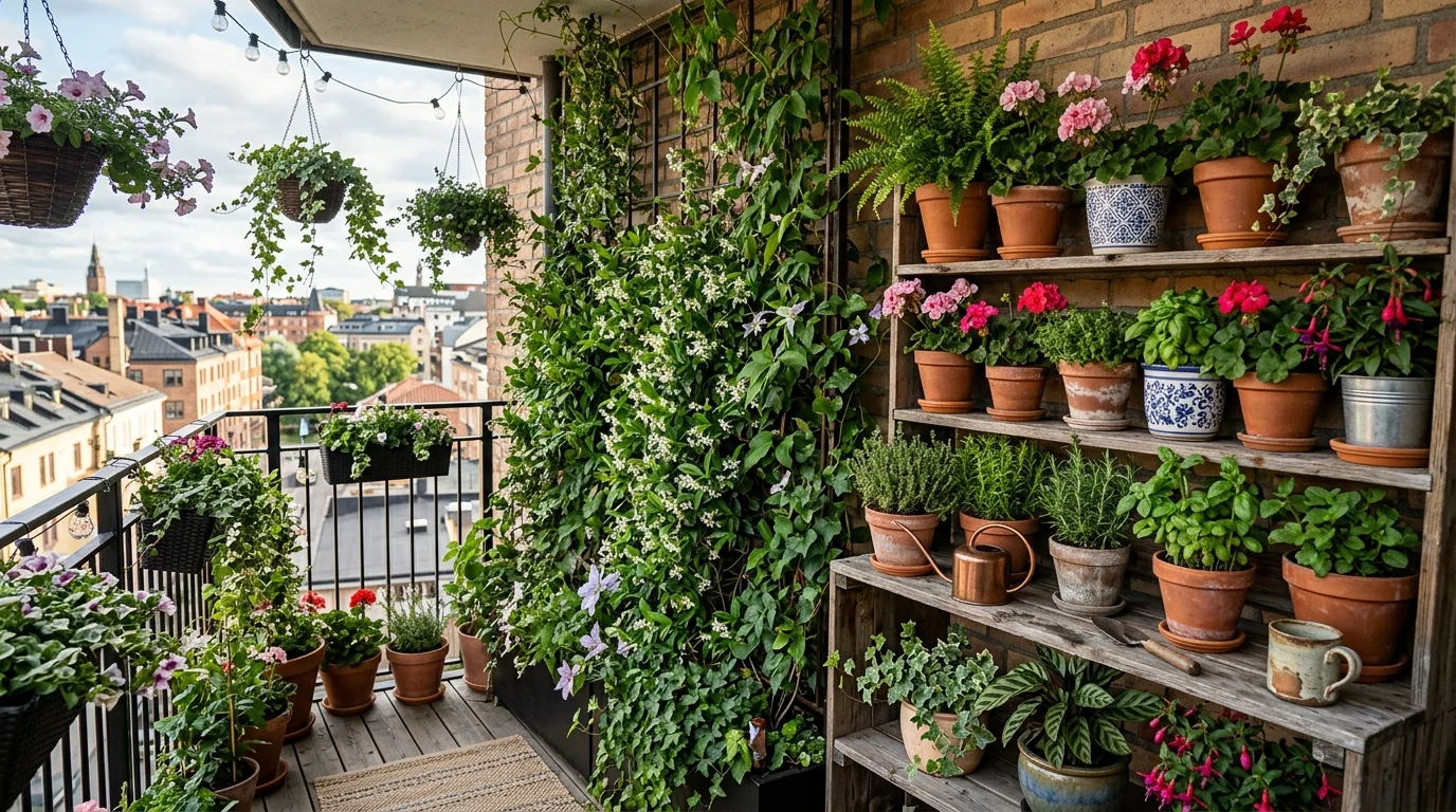 Jardin vertical de balcon avec plantes grimpantes et étagères de pots