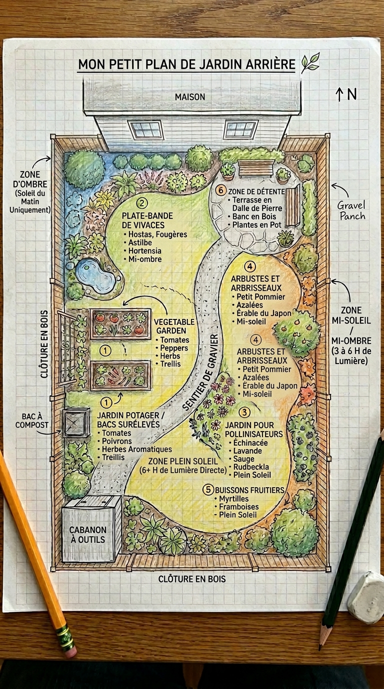 Planification d'un petit jardin sur croquis avec annotations soleil et zones