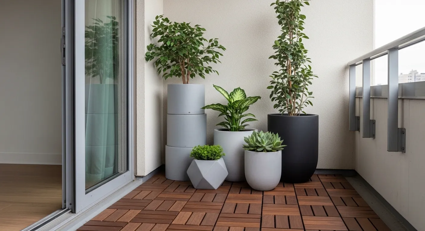 Détails d'ambiance sur un petit balcon avec éclairage LED doux et coussins texturés