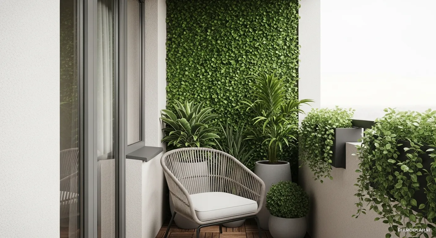 Palette de couleurs monochrome beige et grise sur un petit balcon avec des plantes vertes