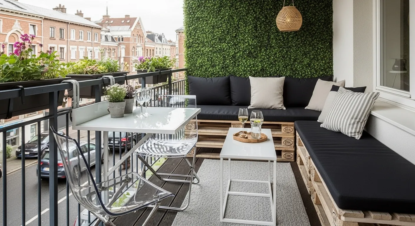 Utilisation de l'espace vertical avec un treillis métallique et des jardinières suspendues sur un balcon moderne