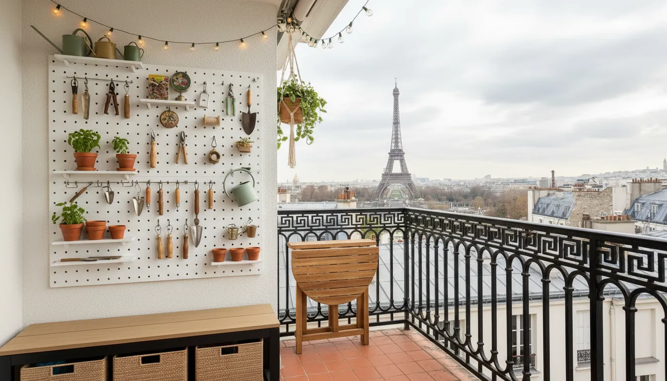 Panneau perforé organisé avec outils de jardinage sur un balcon