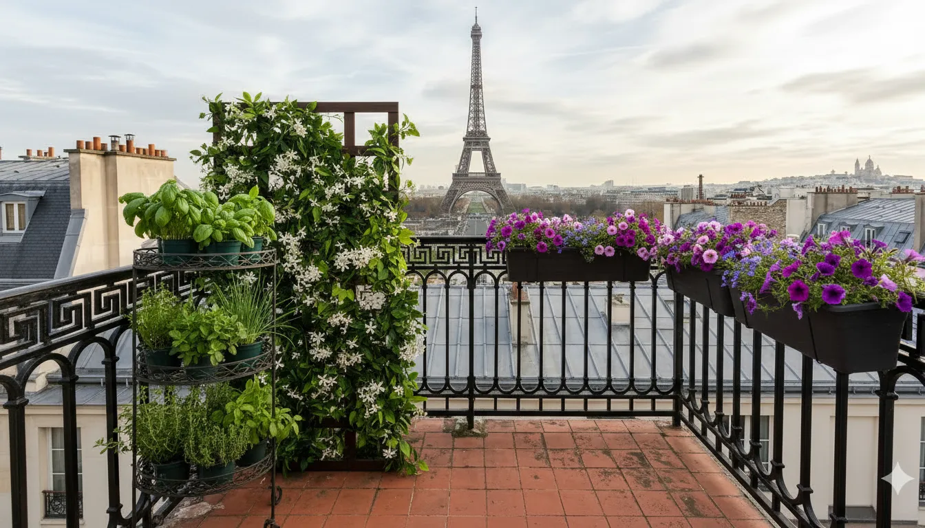Tour à plantes aromatiques verticale sur un petit balcon citadin