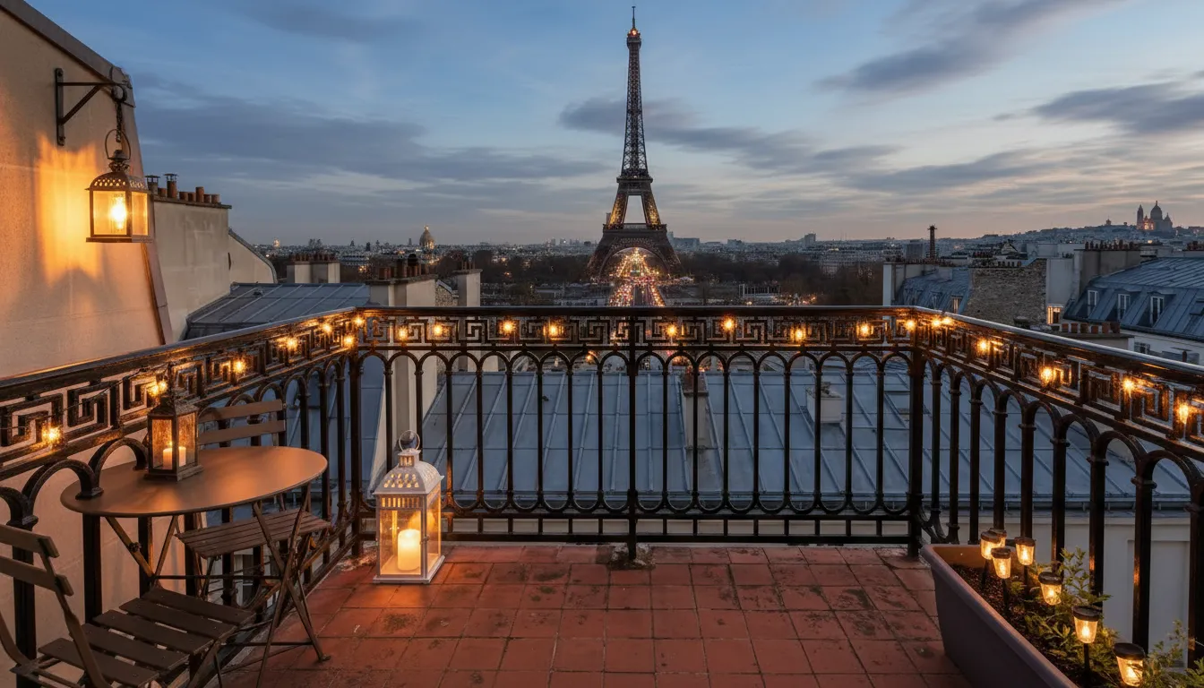 Ambiance soirée sur un balcon avec lanternes et guirlandes lumineuses