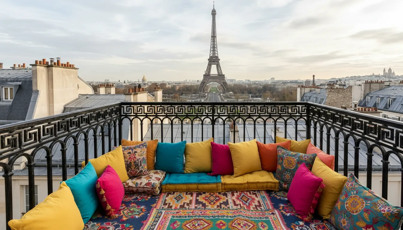 Assortiment de coussins et tapis extérieurs colorés sur un petit balcon