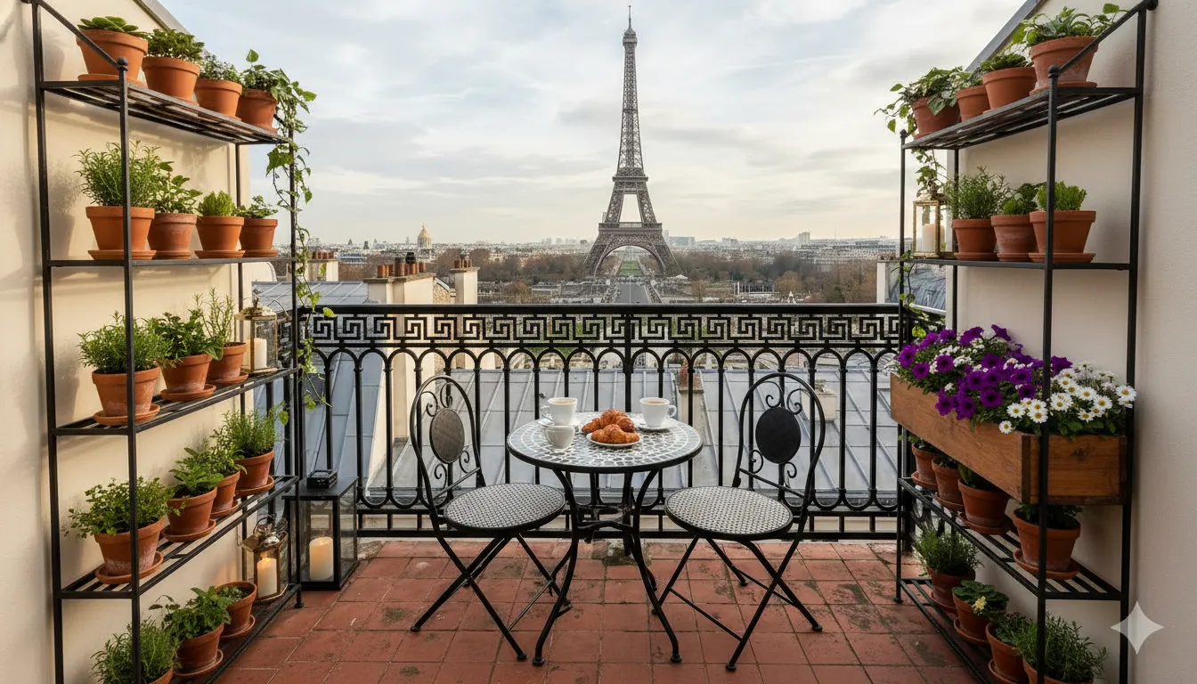 Stratégie d'aménagement d'un petit balcon avec des étagères murales