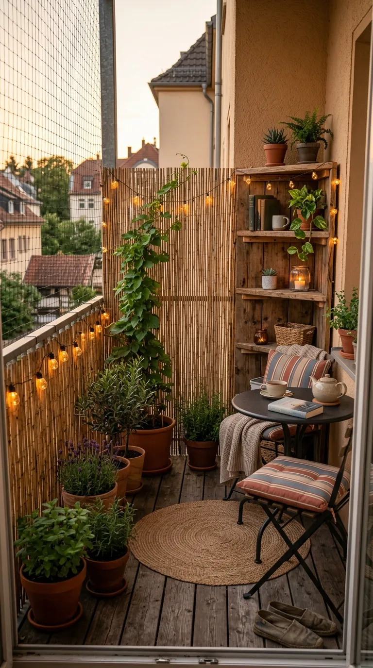 Espace intime sur balcon avec canisse végétale et étagère d'angle