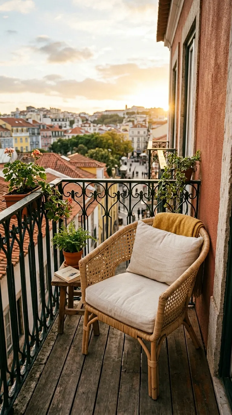 Petit fauteuil compact en rotin avec coussin sur un balcon étroit