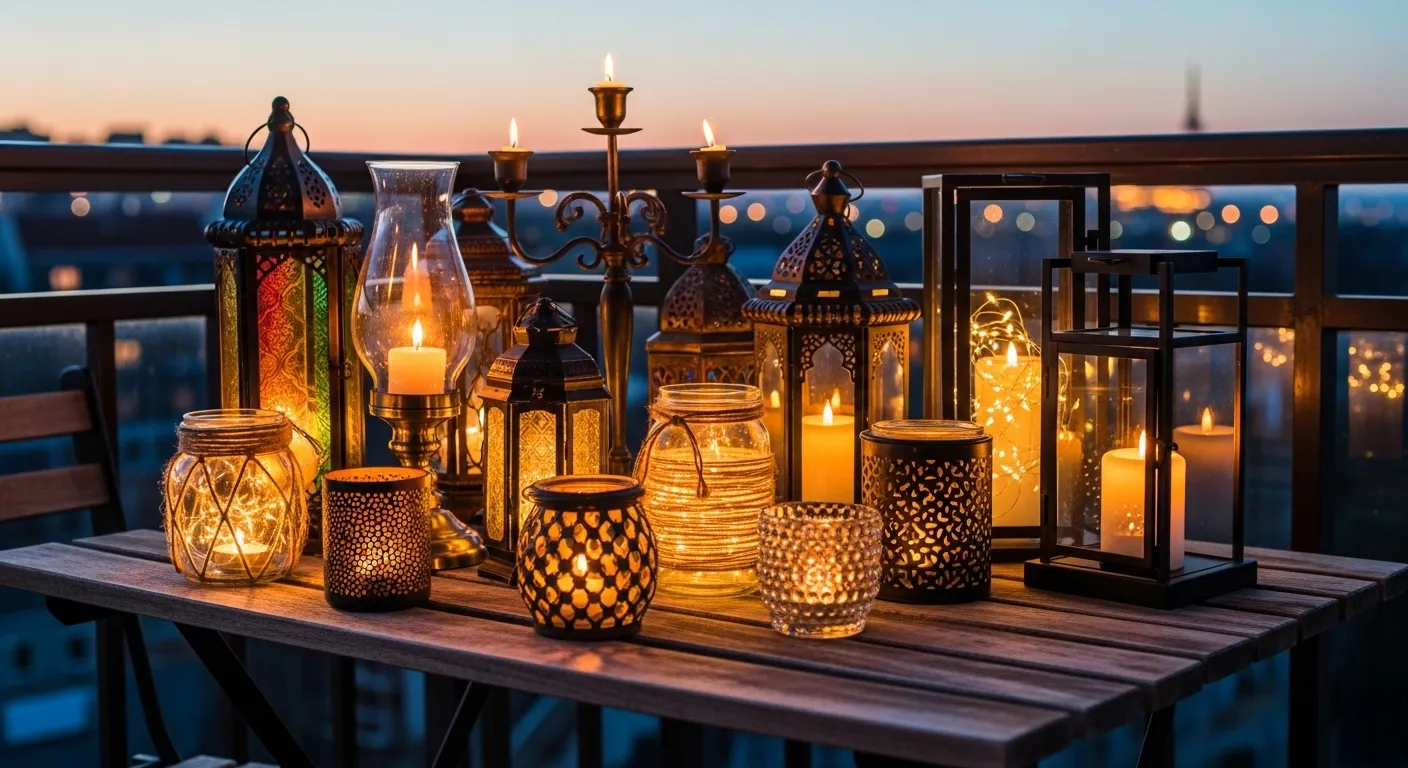Assortiment de photophores et lanternes sur une table de balcon