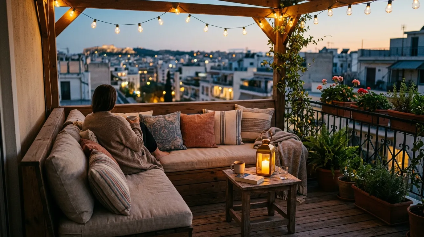 Éclairage doux et tamisé d'un coin salon de balcon avec coussins