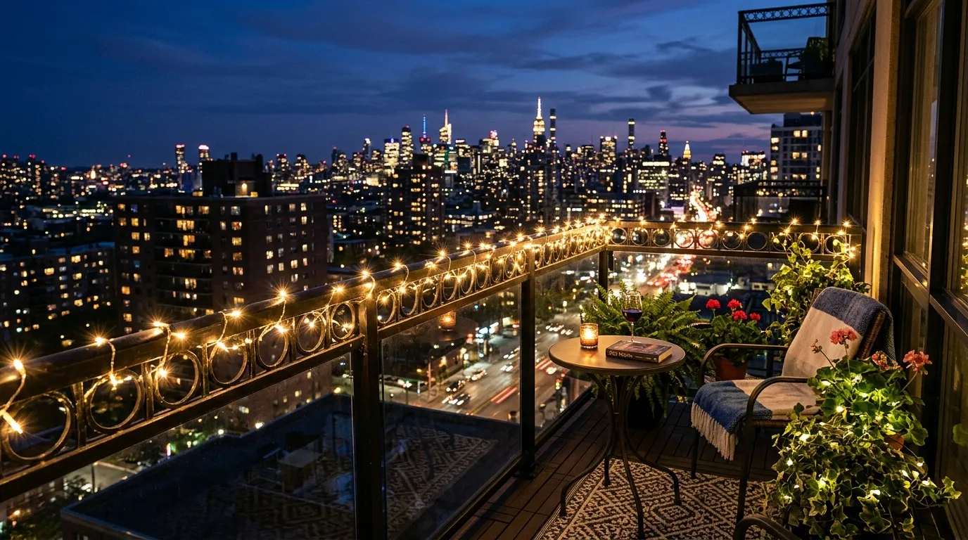 Guirlandes LED suspendues sur un petit balcon avec vue urbaine