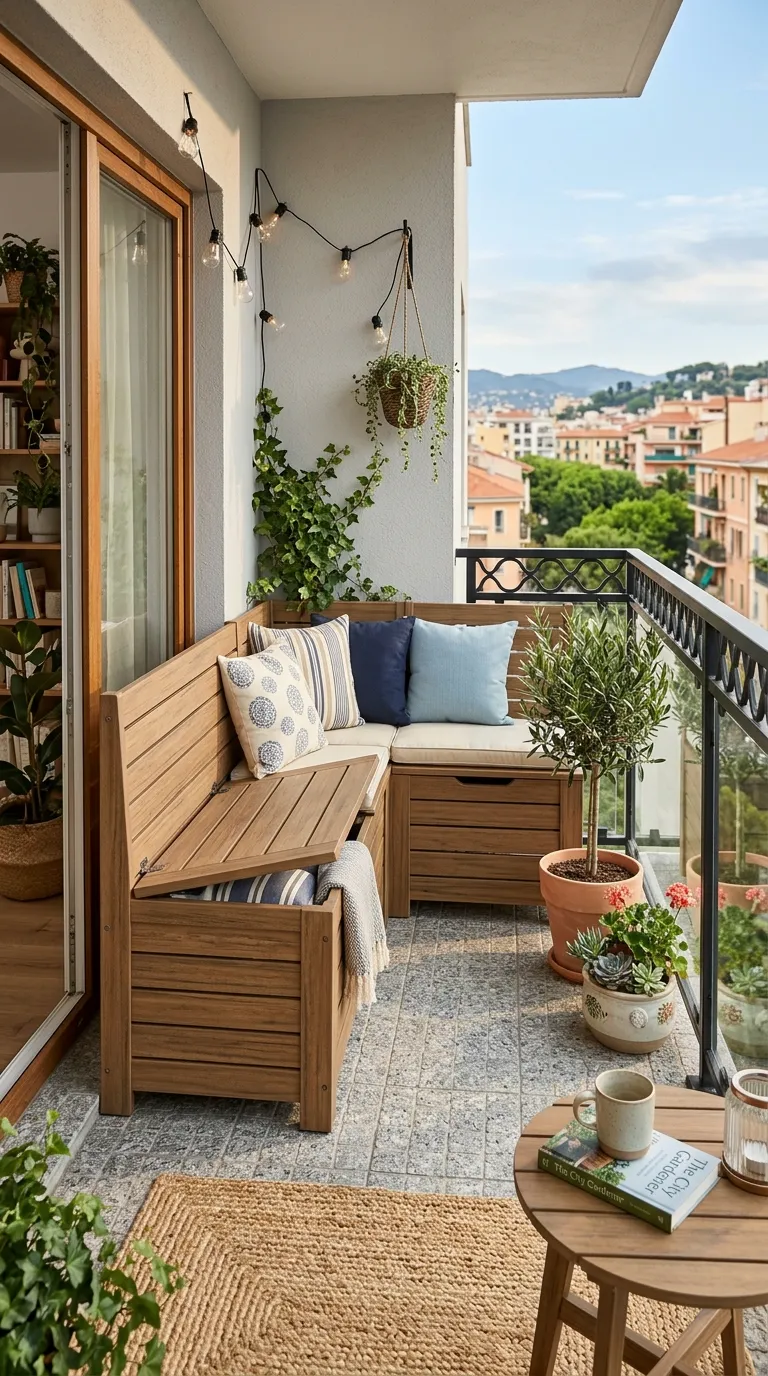 Banc-coffre d'angle en teck composite sur un petit balcon