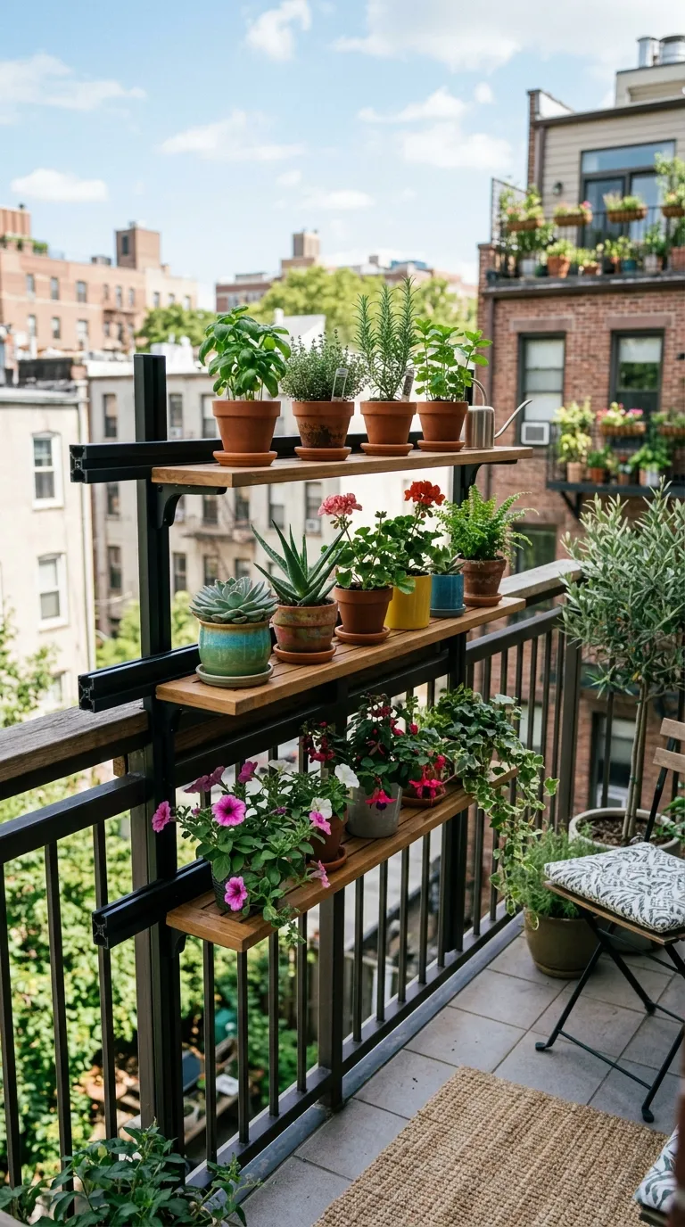 Système d'étagères modulaires sur rail sur une rambarde de balcon