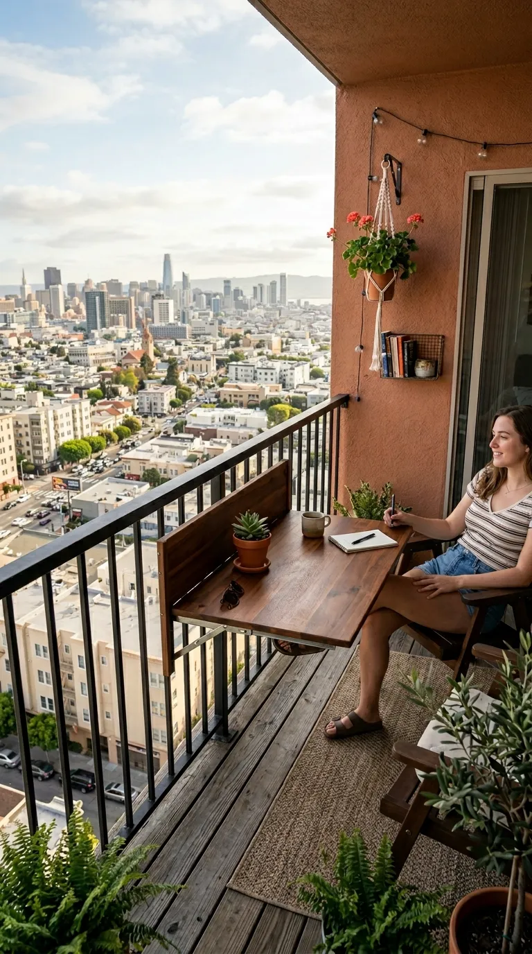 Table pliante murale sur un balcon avec vue urbaine