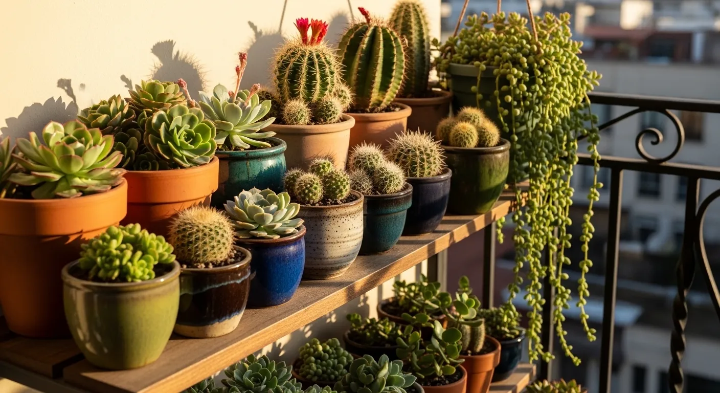 Collection de pots de succulentes et cactus sur une étagère de balcon ensoleillée