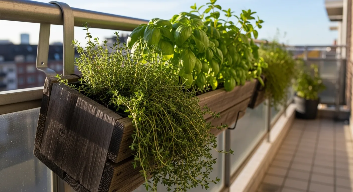 Jardinière aromatique suspendue sur un balcon avec thym, basilic et menthe