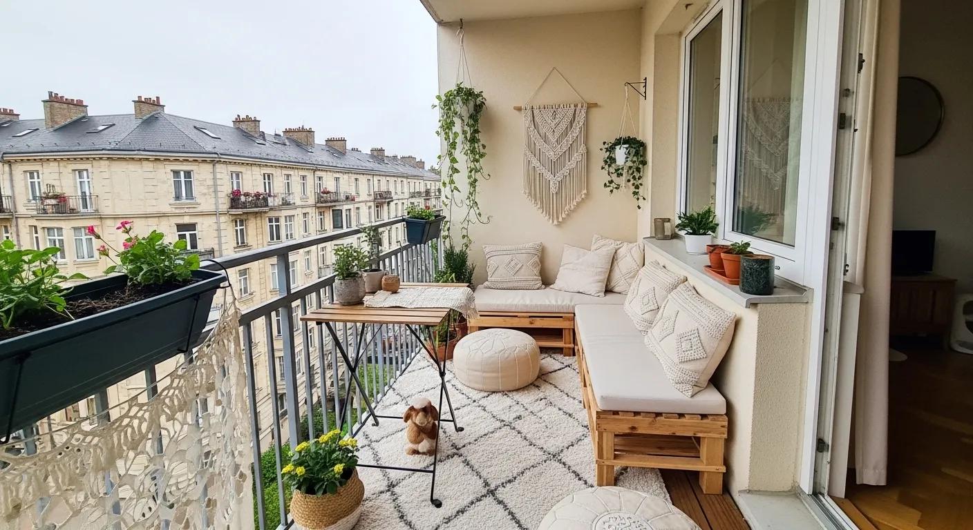 Aménagement d'un petit balcon bohème avec mobilier en rotin et plantes suspendues
