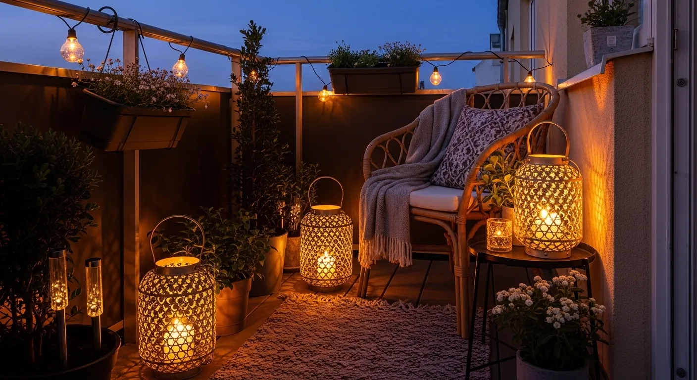 Éclairage doux avec lanternes et guirlandes sur un petit balcon le soir