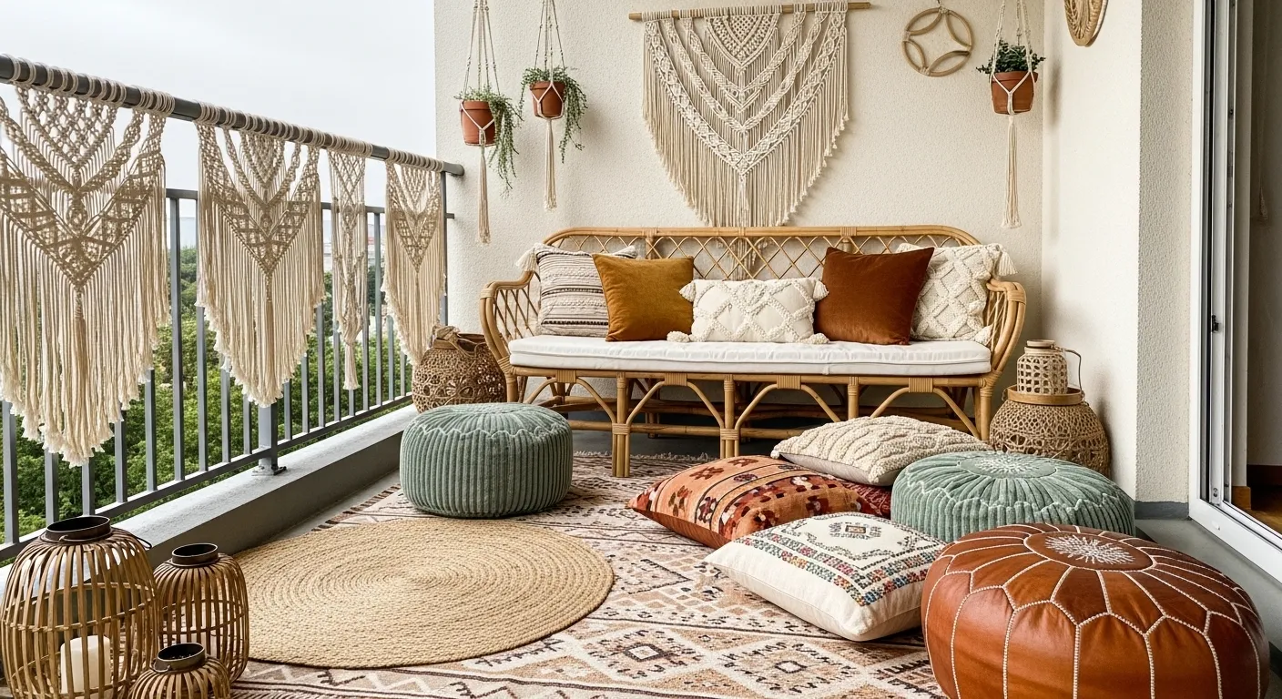 Détail décoration bohème avec macramé, coussins et lanternes sur un balcon