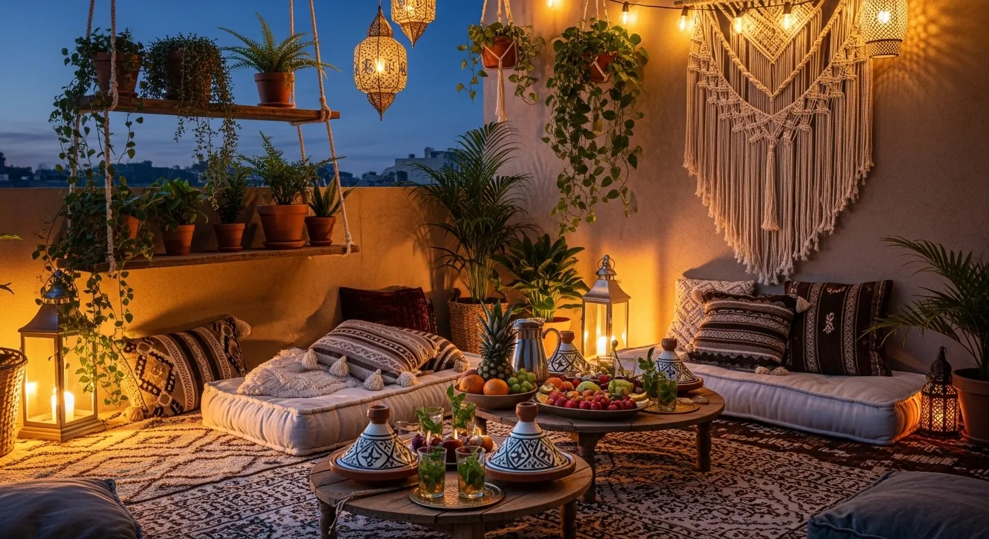 Ambiance lumineuse et chaleureuse sur une terrasse bohème le soir