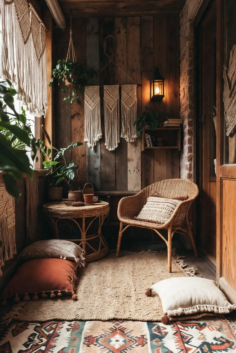 Aménagement d'un petit balcon bohème avec chaise en rotin et tapis tressé