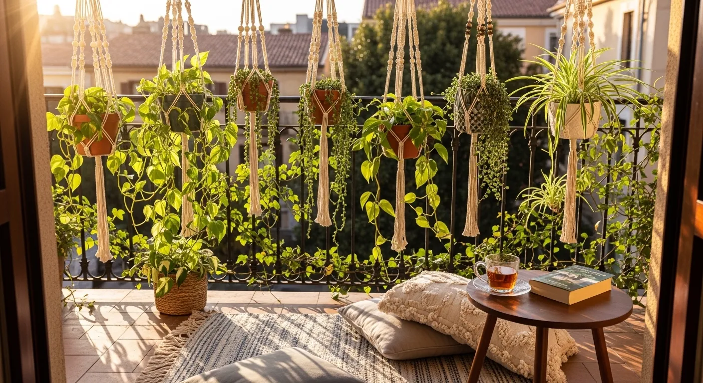 Suspensions en macramé et plantes retombantes sur un balcon intimiste