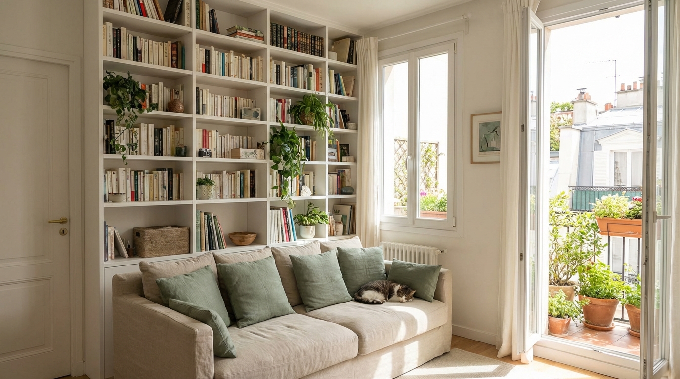 Bibliothèque toute hauteur blanche dans un petit salon lumineux