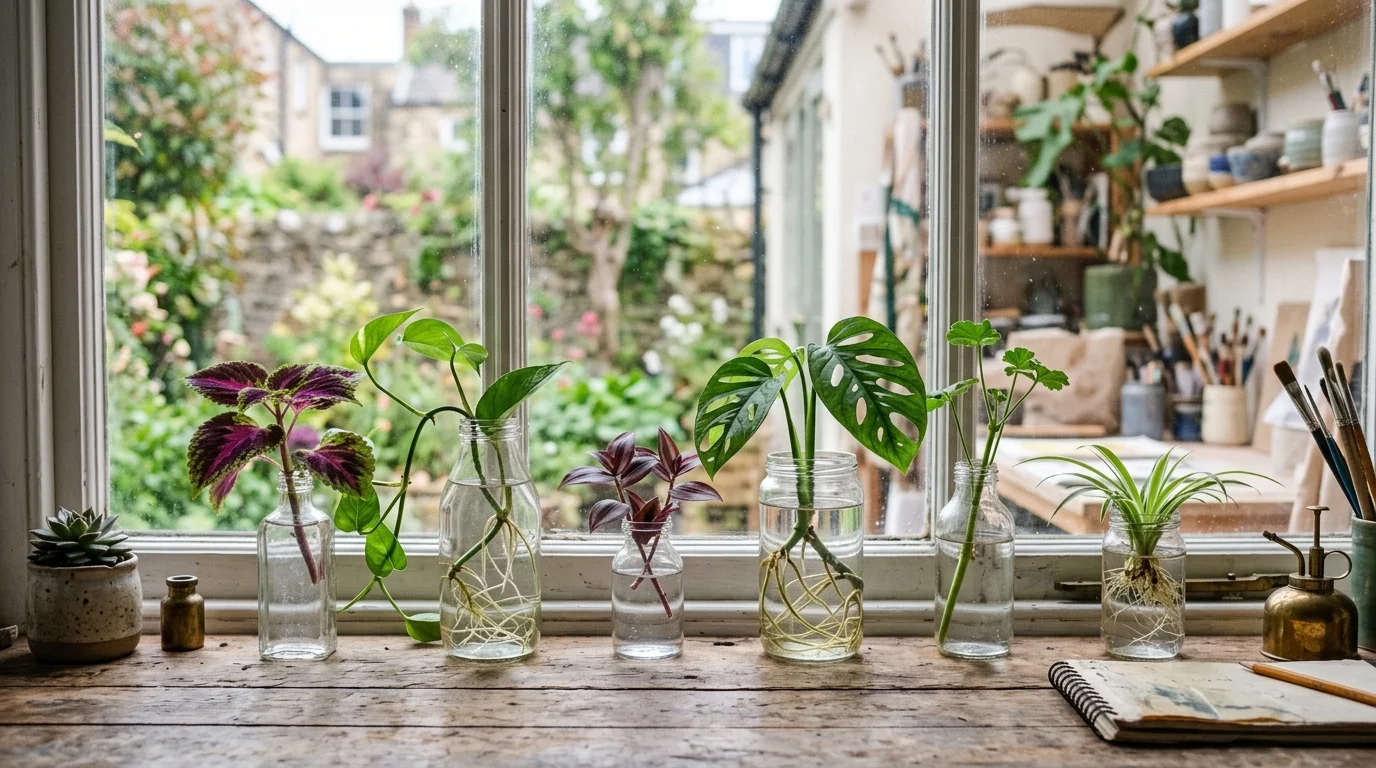 Boutures dans des verres d'eau sur le rebord d'une fenêtre de studio