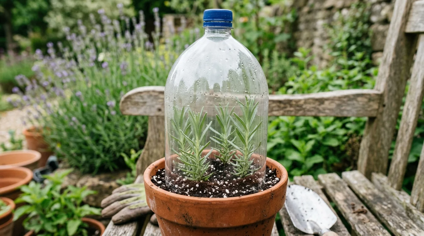 Boutures de lavande en pot avec cloche en bouteille plastique
