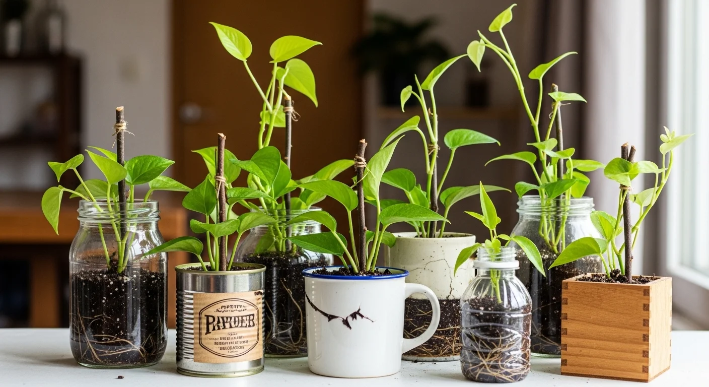 Plantes d'intérieur grimpantes bouturées dans des contenants de récupération