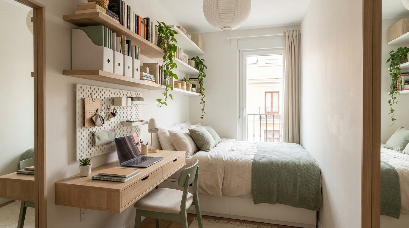 Bureau mural suspendu en bois clair dans une chambre étroite