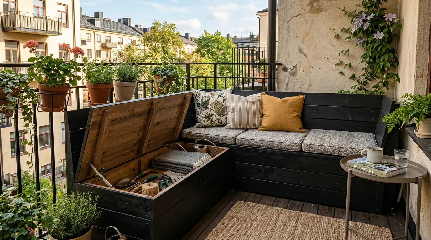 Banc avec rangement intégré sur balcon
