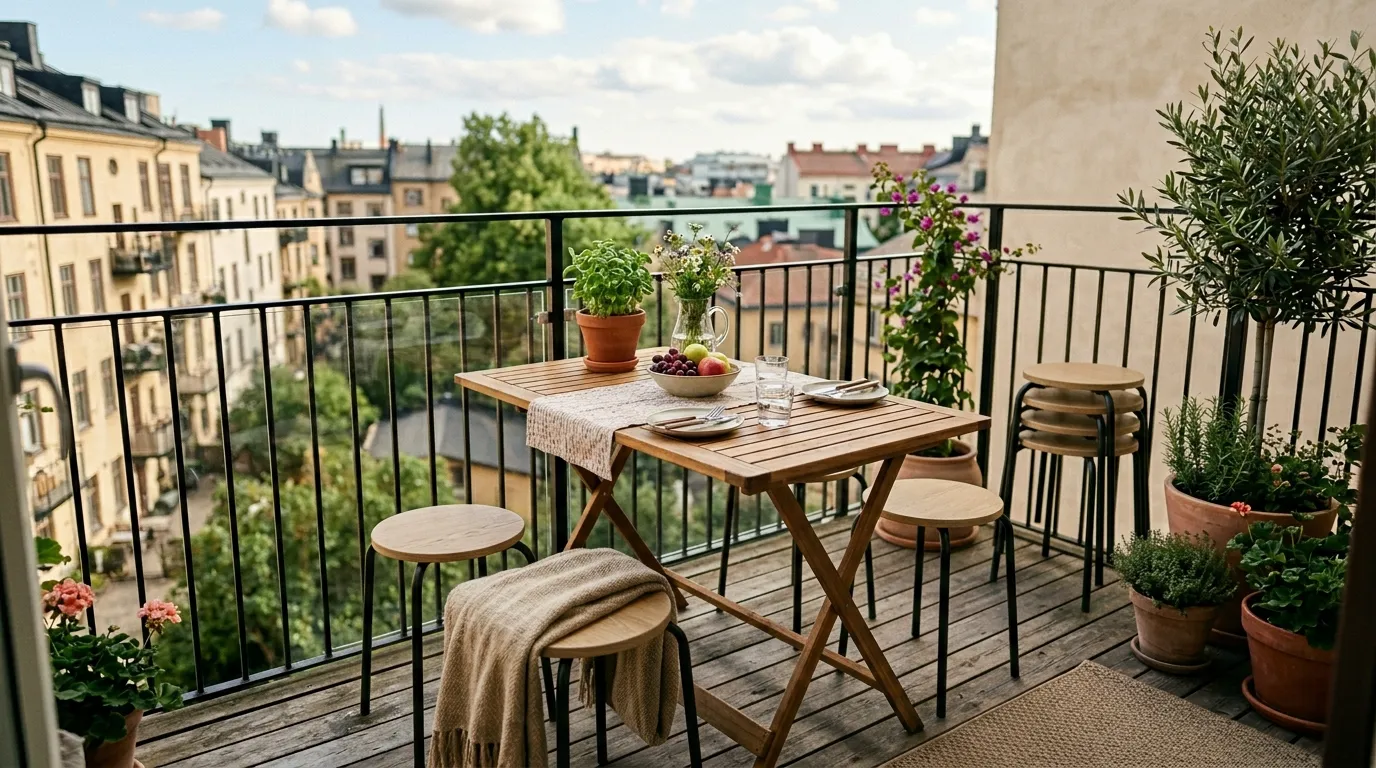 Coin repas avec table pliante et tabourets empilables