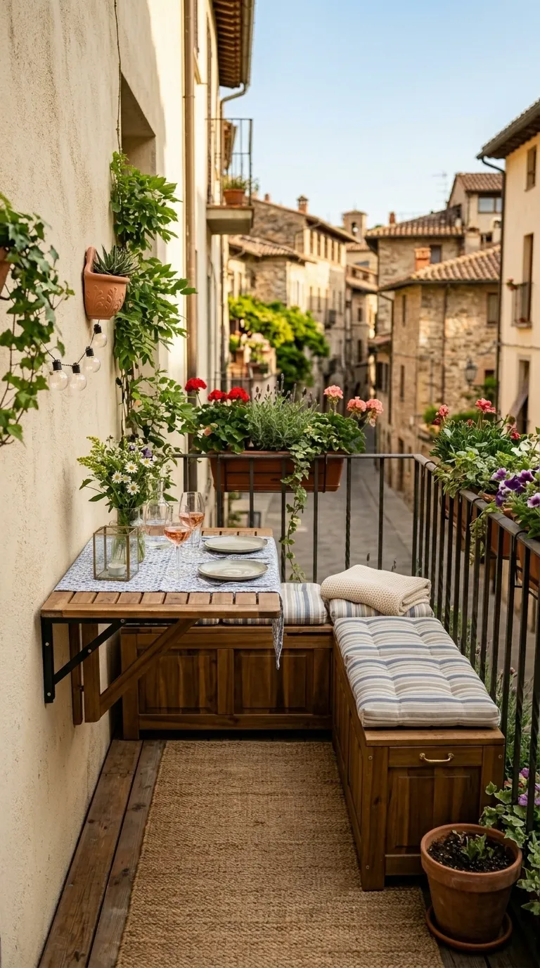 Banquette de rangement avec coussins servant de siège sous une table suspendue