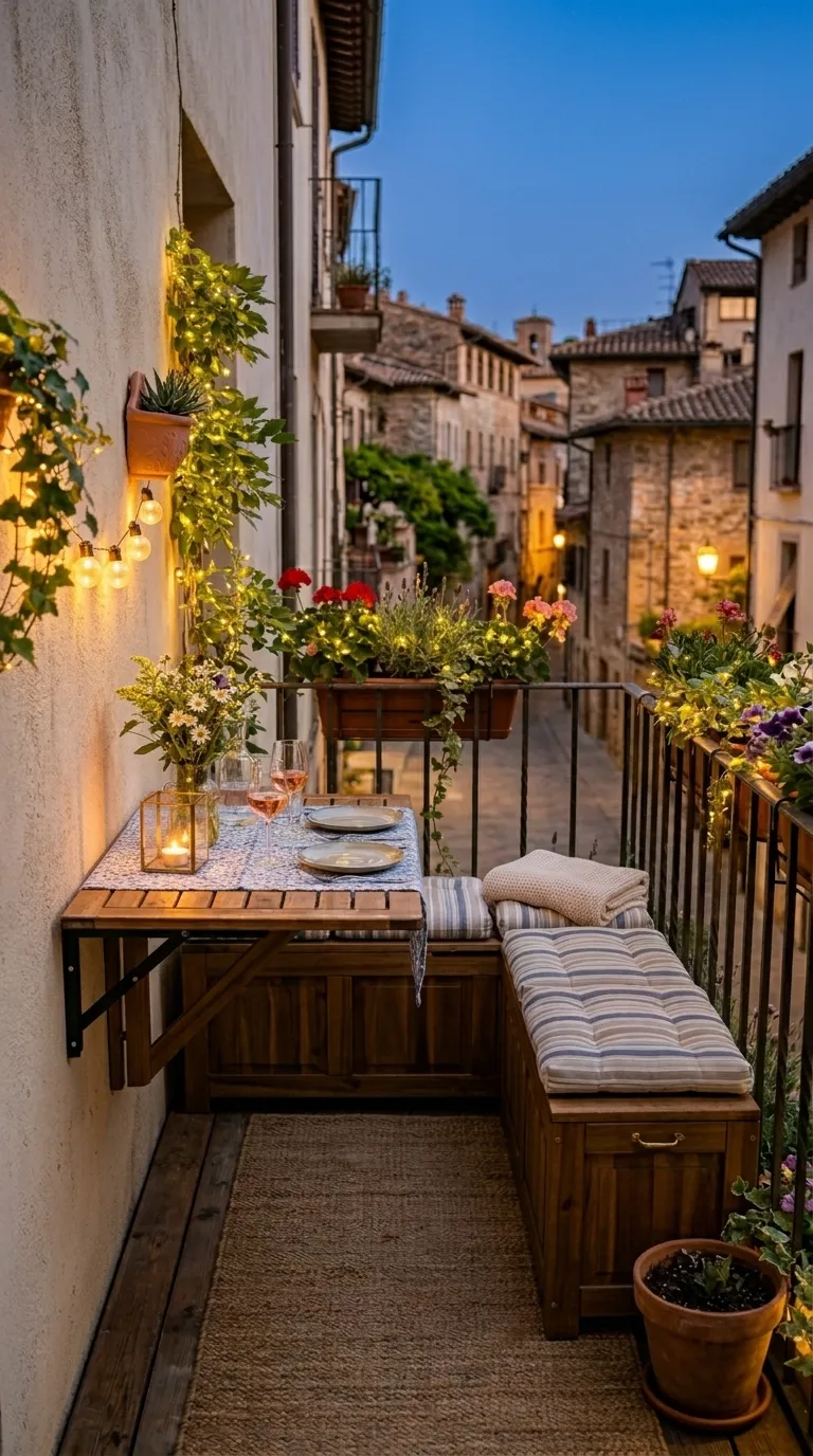 Coin repas avec guirlandes lumineuses et plantes en pots créant une ambiance chaleureuse le soir