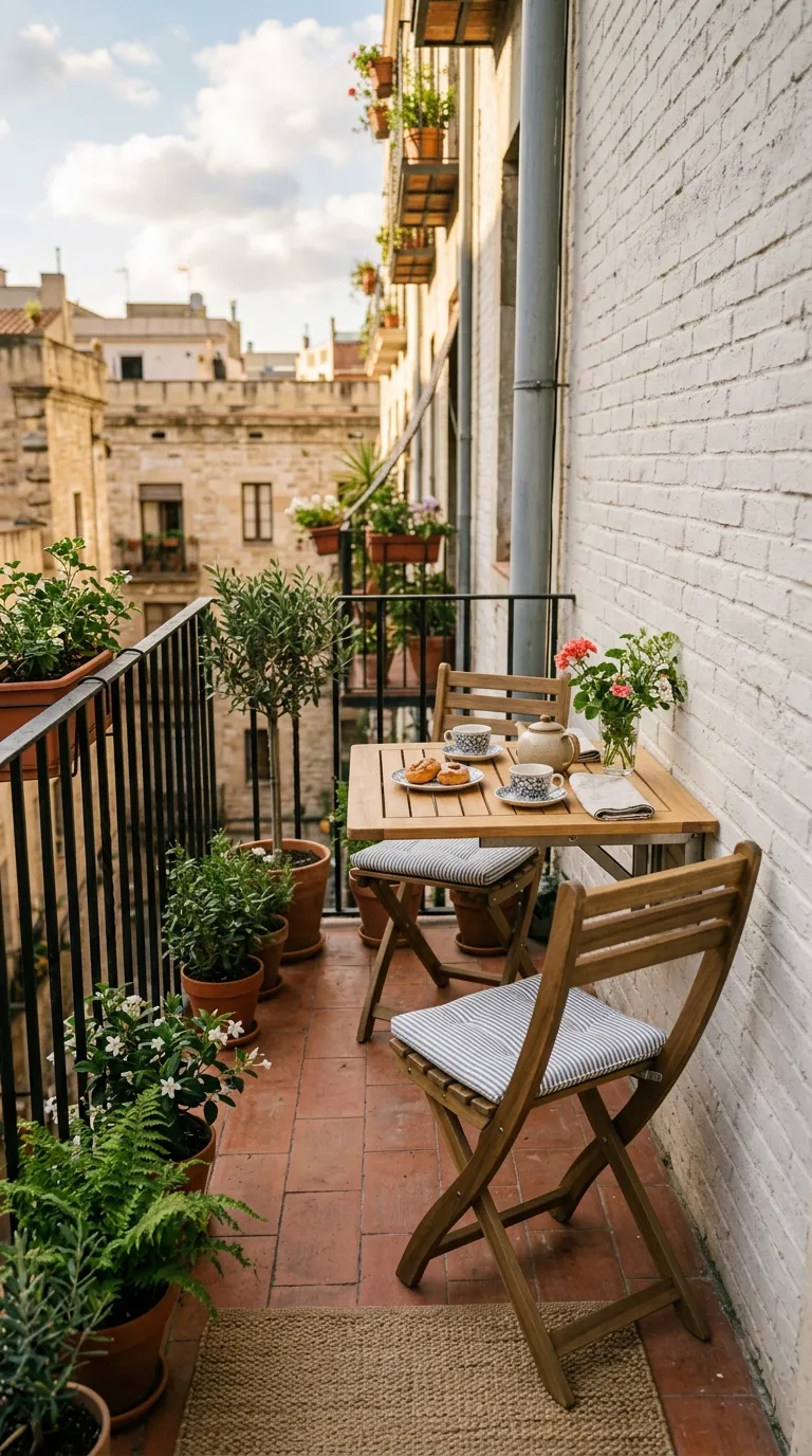 Table murale rabattable sur un petit balcon avec deux chaises pliantes