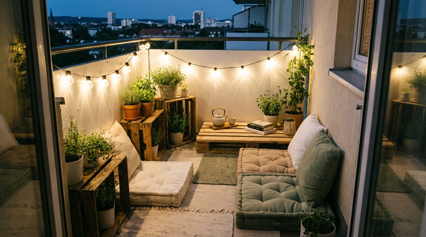 Décoration balcon ambiance soirée avec guirlande lumineuse solaire et coussins au sol
