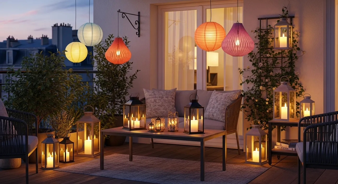 Collection de lanternes en verre et métal sur une petite table de terrasse