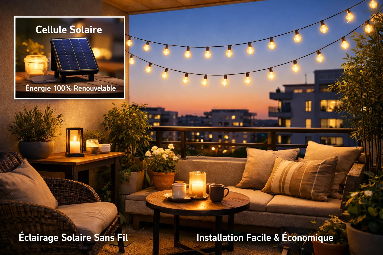 Guirlandes LED solaires suspendues sur un petit balcon urbain